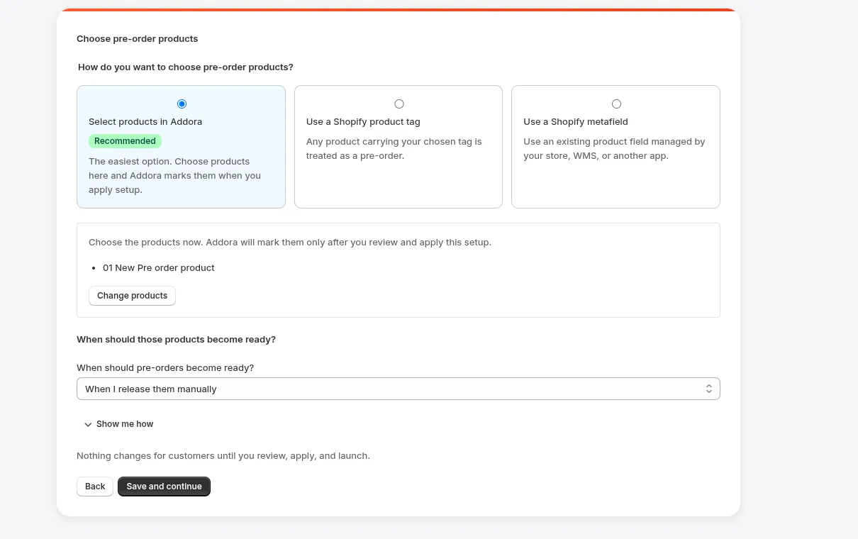 The pre-order product step with direct product selection, Shopify tag, and metafield choices