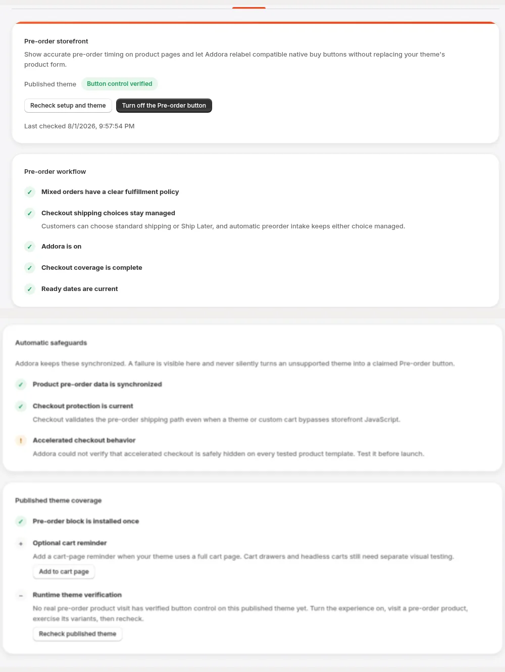 Pre-order storefront checklist with workflow, safeguards, and published theme coverage