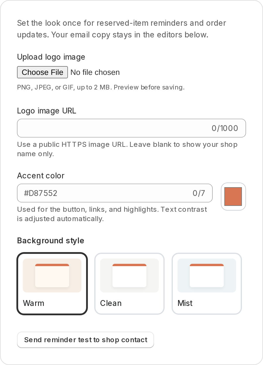 Addora email branding controls for a logo, accent color and Warm, Clean or Mist background.