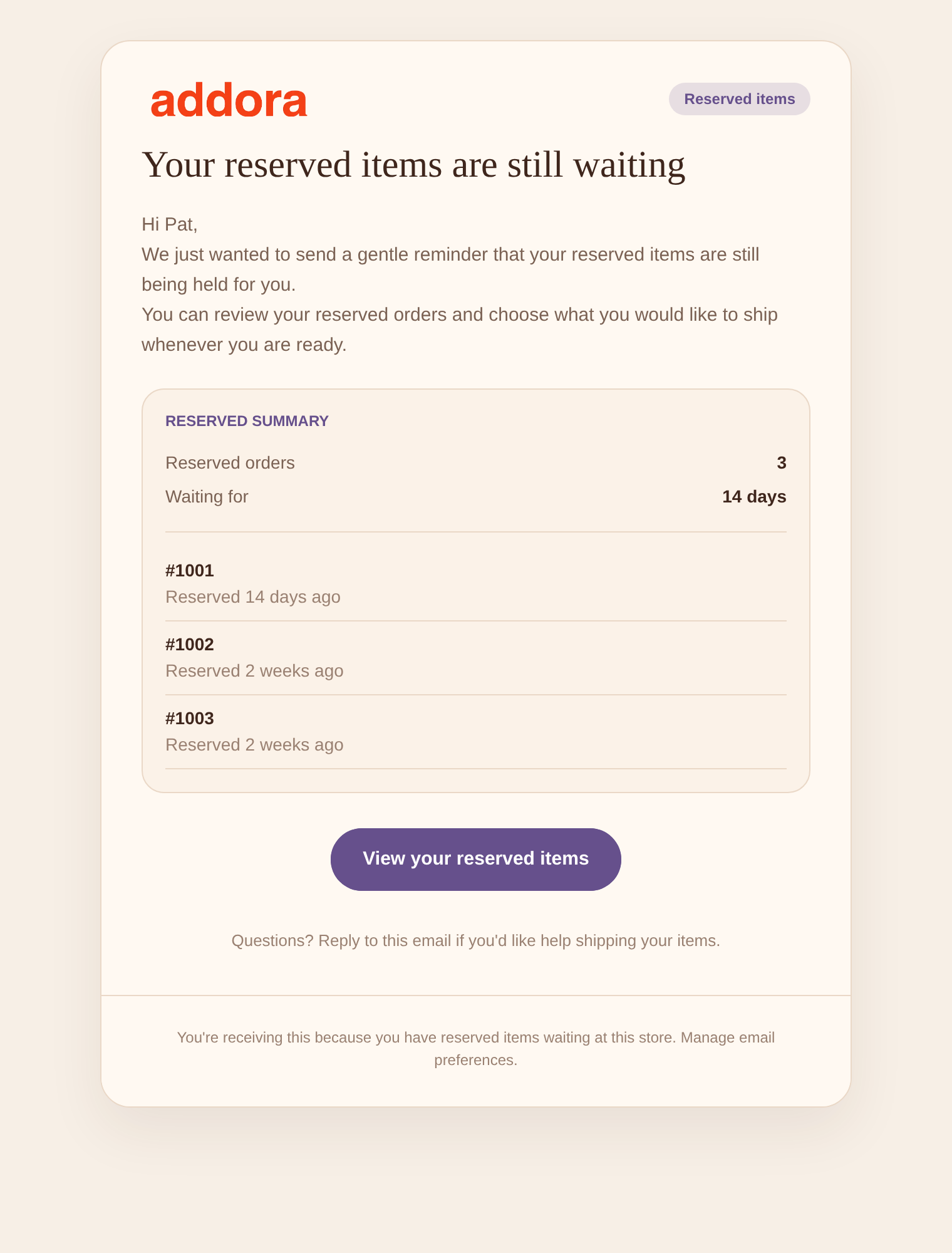 A complete Addora reserved-item reminder email with a logo, purple accents and the Warm background style.