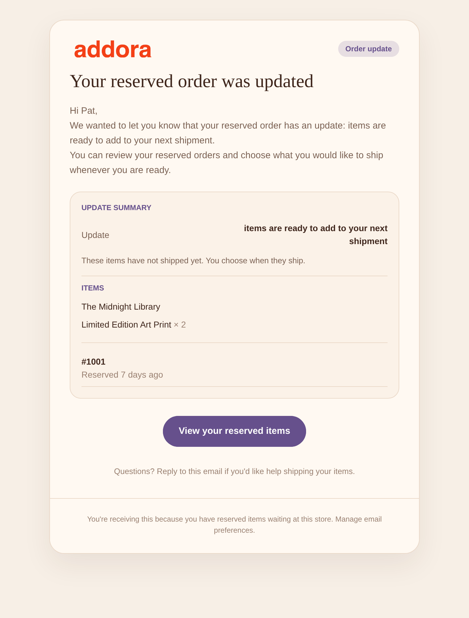 A complete Addora order-update email using the same logo, purple accents and Warm background style.