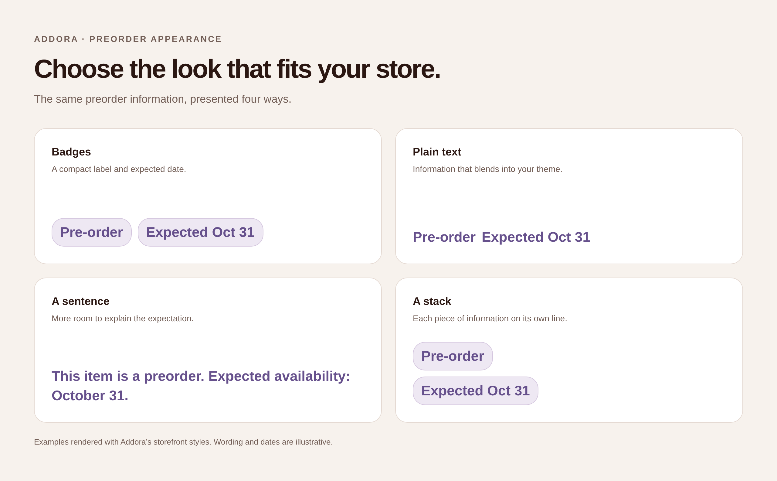 Addora preorder appearance examples showing badges, plain text, sentences, stacked labels and reordered dates.