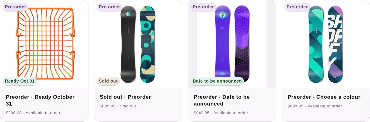 Card examples: known date, Sold out replacing the date, date to be announced, and different variant dates with no shared date.