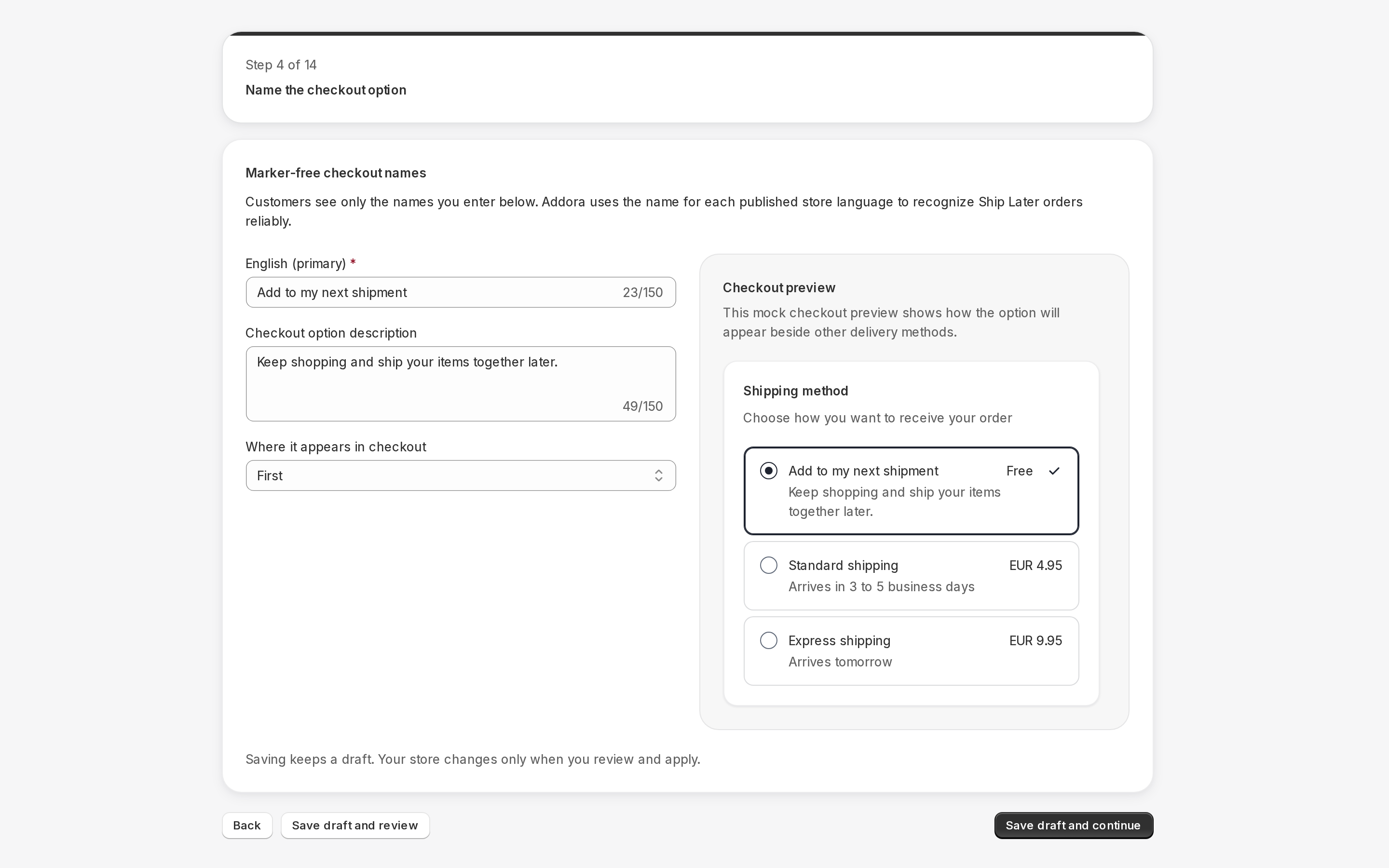 The current checkout-name and description editor in Setup. Source UI with illustrative data.