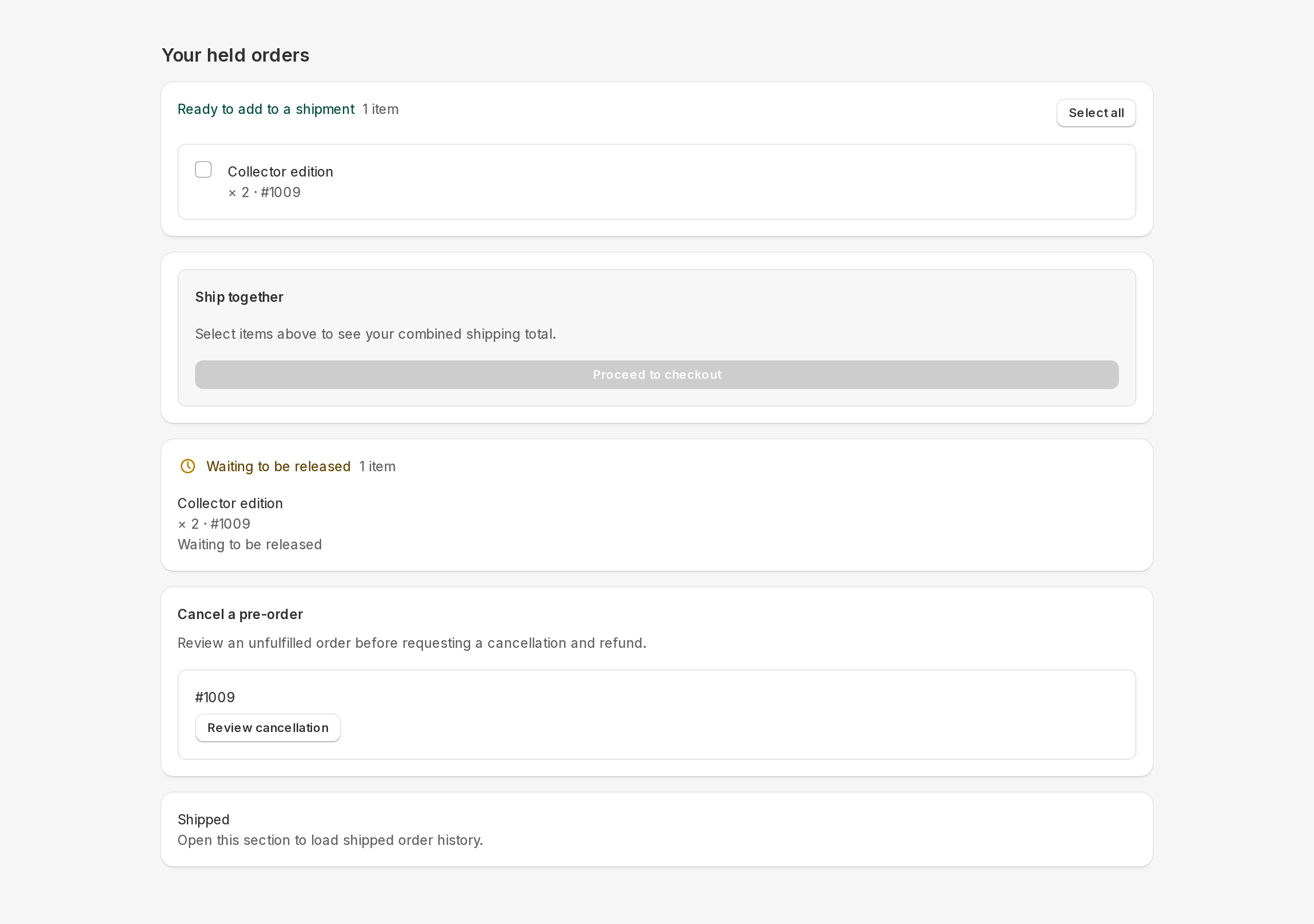 Held Orders with two ready units and two waiting units from the same purchase. Source UI with illustrative data.