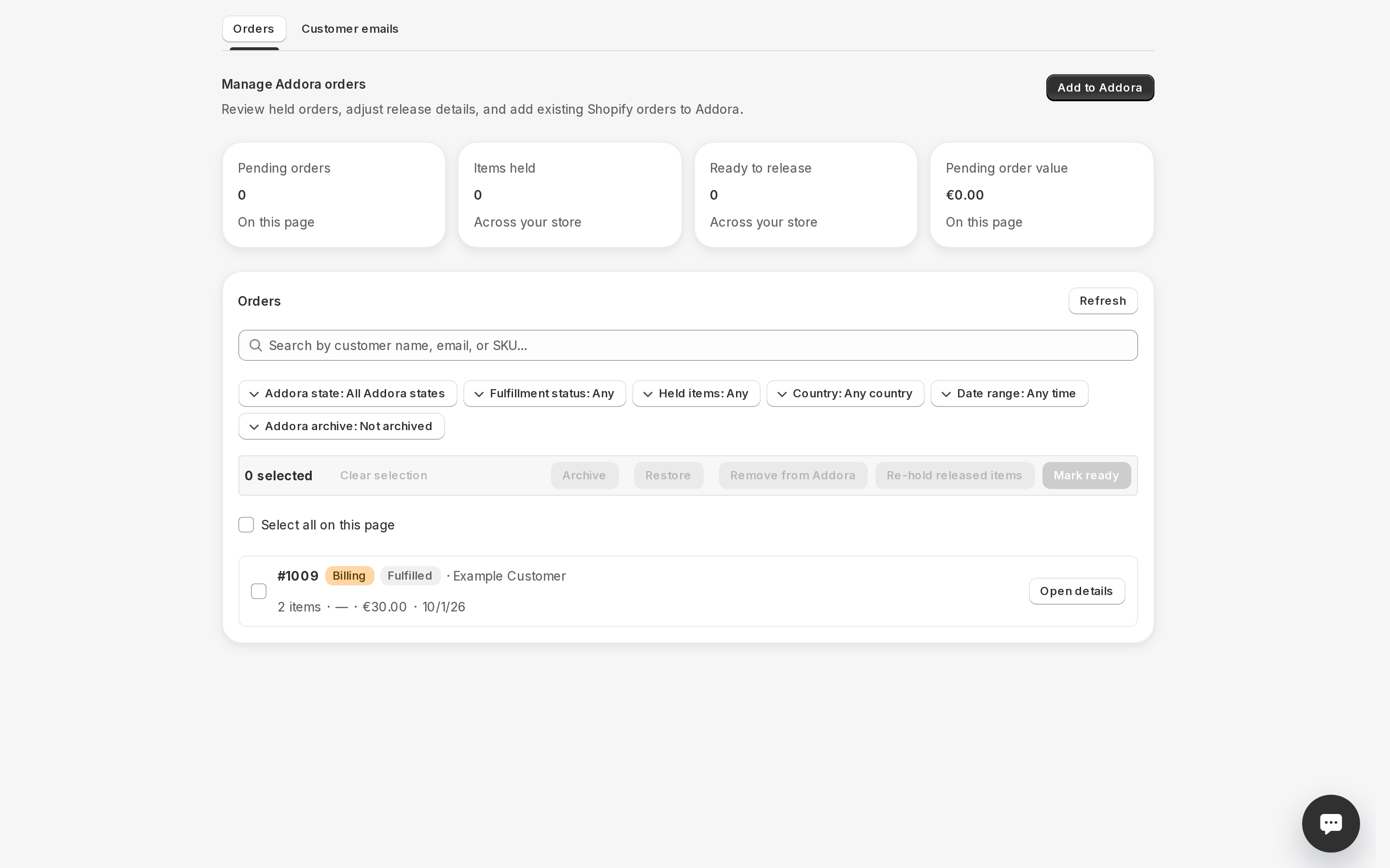 Current Addora interface with illustrative sample data.