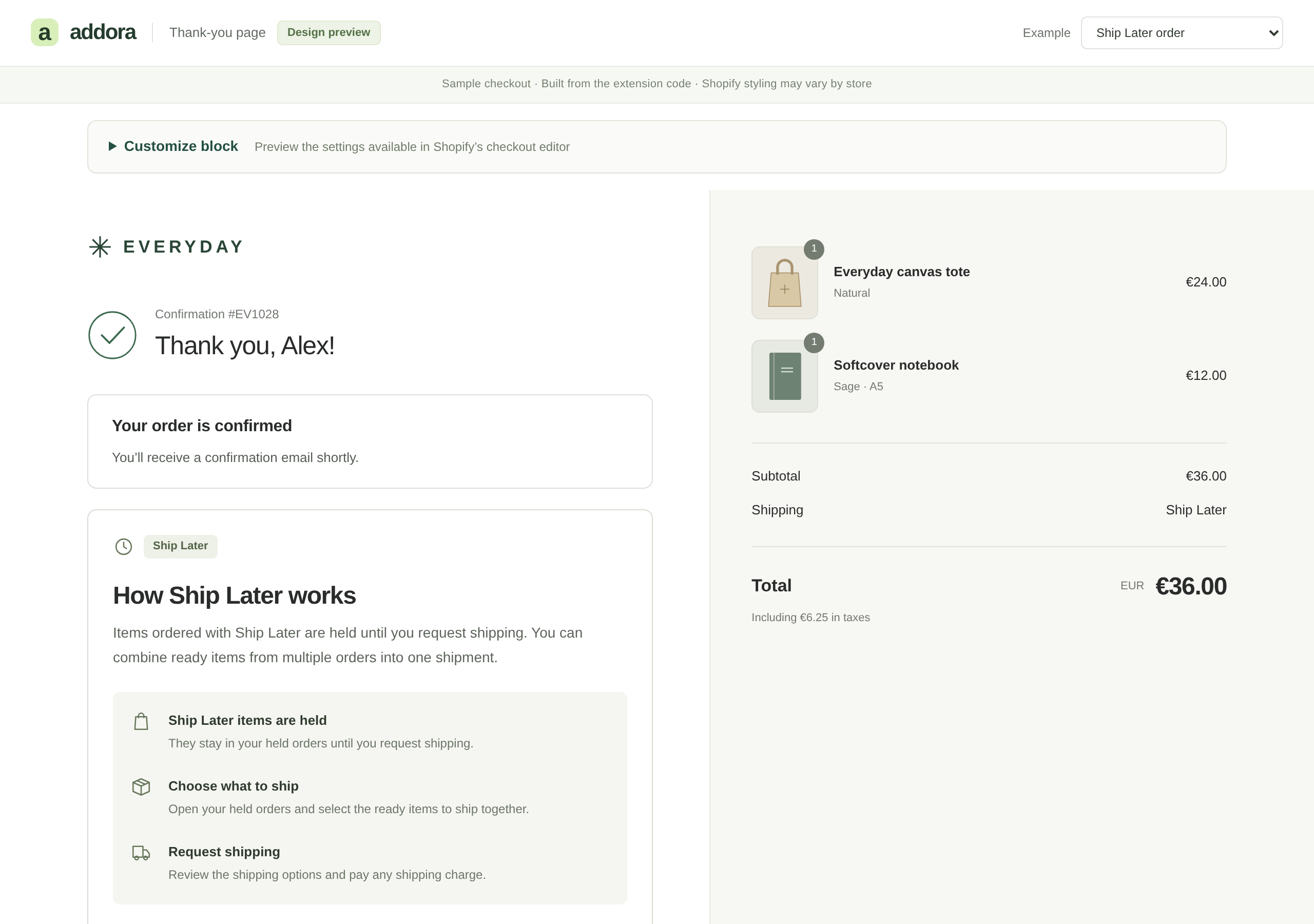 Current Addora interface with illustrative sample data.