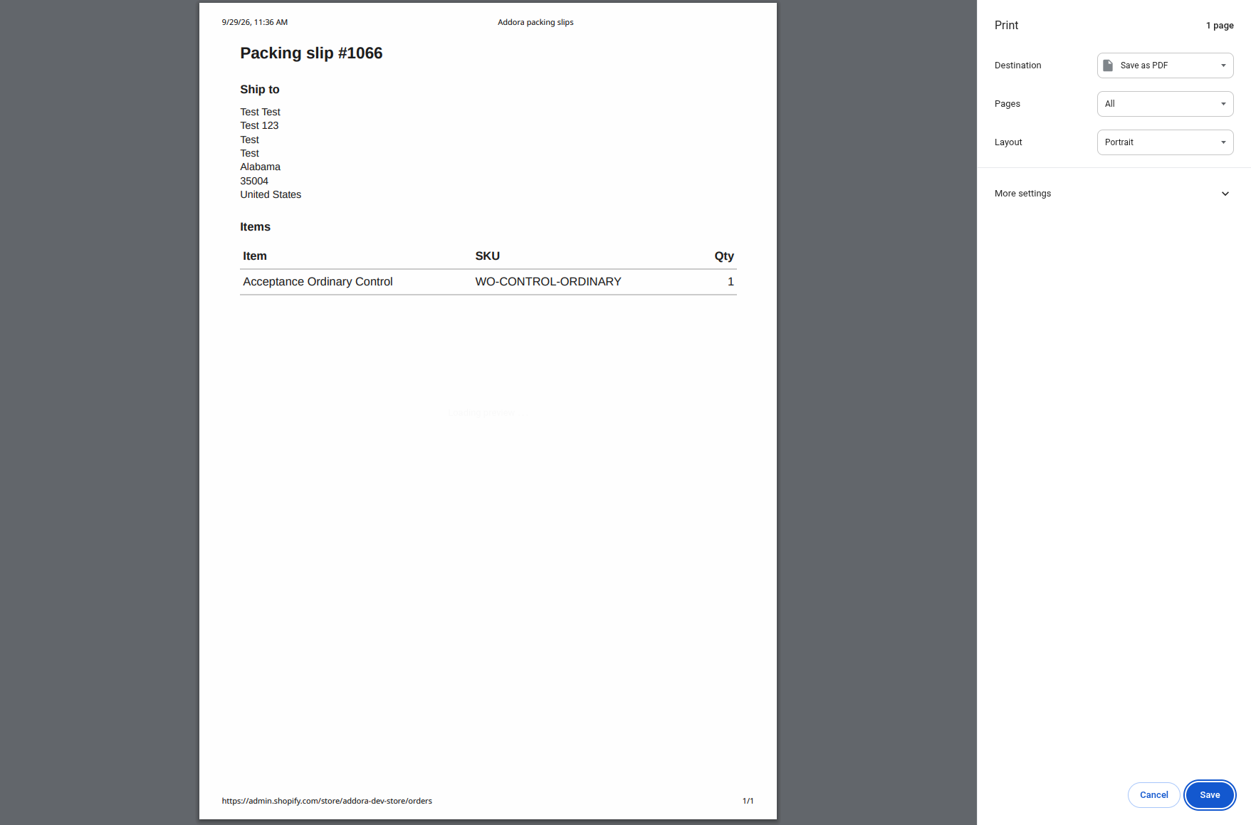 Chrome print preview for test order #1066, opened from Continue to print. The one page slip shows the ready item, SKU and quantity, with Save as PDF available.