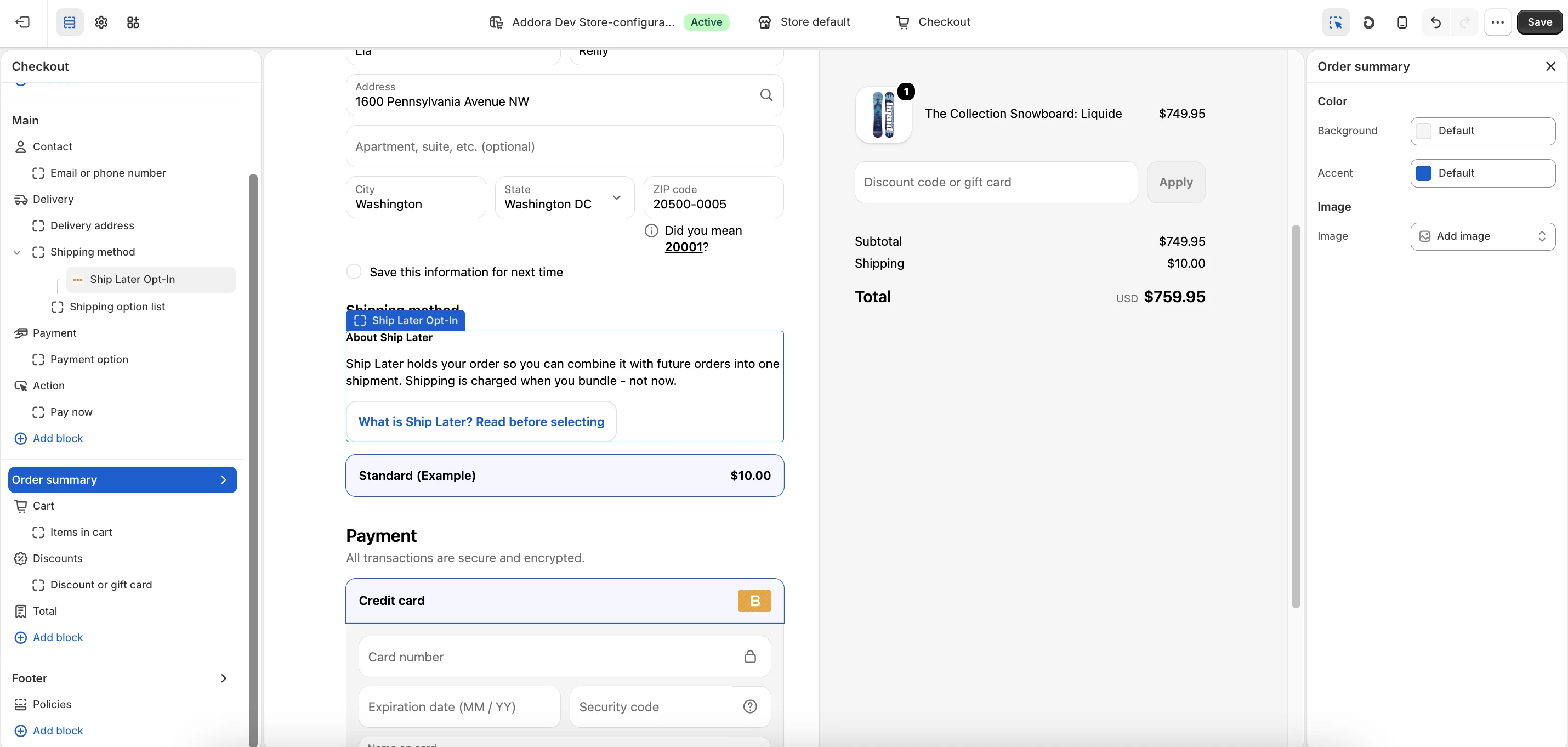 Shopify Checkout Editor with the Addora acknowledgement block added to the shipping step, showing the block settings panel on the right.