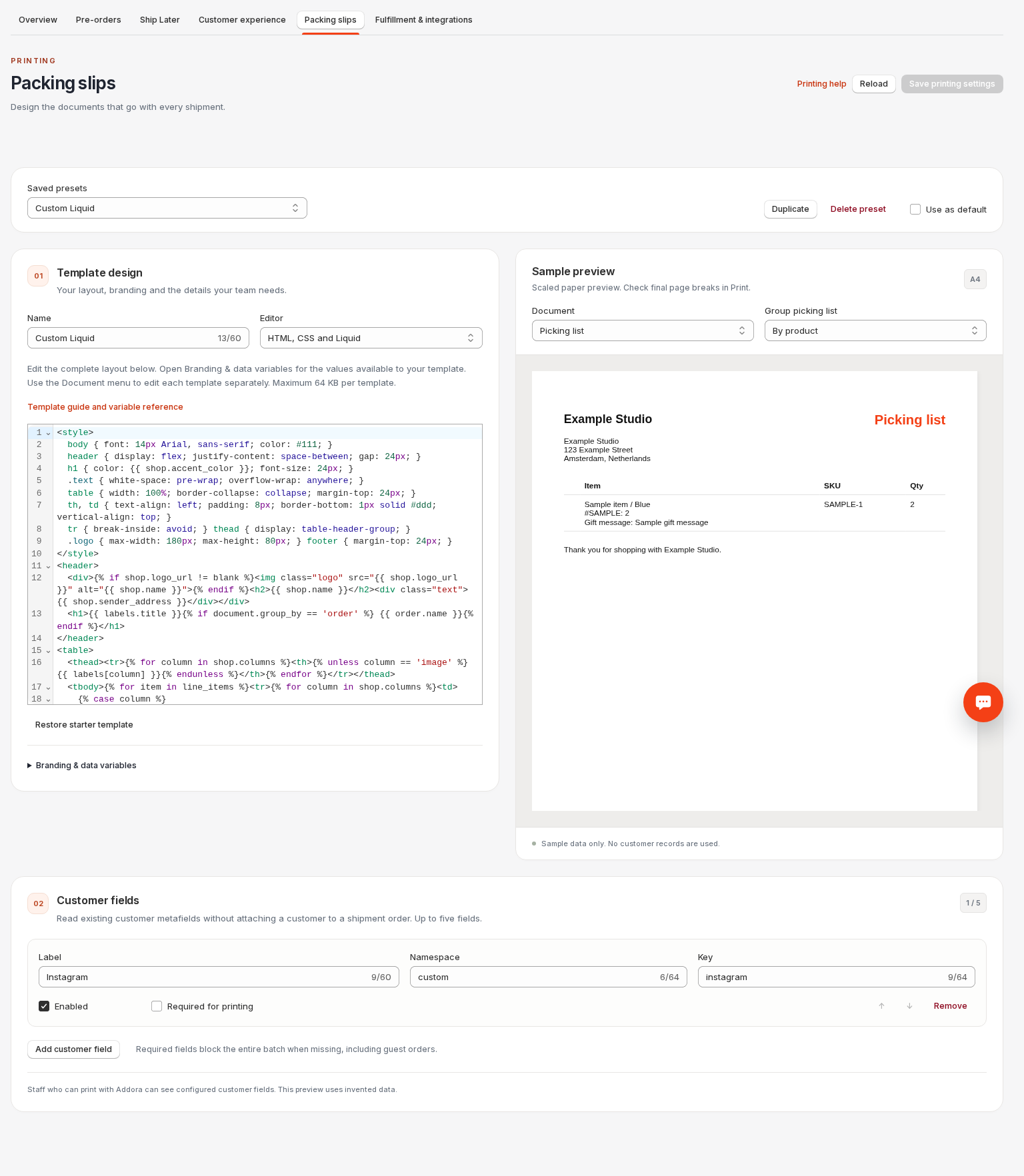 A sample picking list with quantities and parcel allocations. No real customer data is shown.