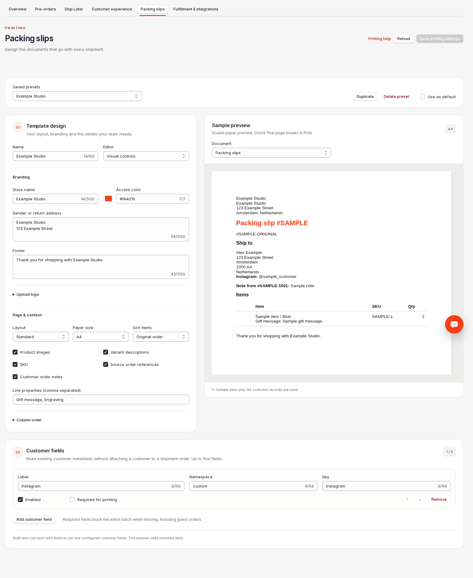 Packing-slip settings with an example Instagram field and saved preset. This browser example uses invented data.