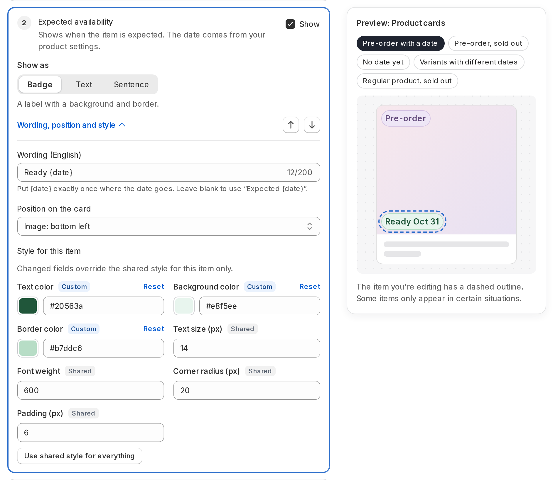 An opened item with its own colors: Custom and Shared tags, Reset per field, and the item outlined in the preview.
