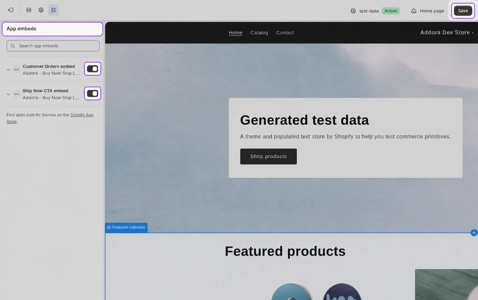 Theme editor showing the App embeds panel at the bottom of the left sidebar, with the Addora toggle switched on.