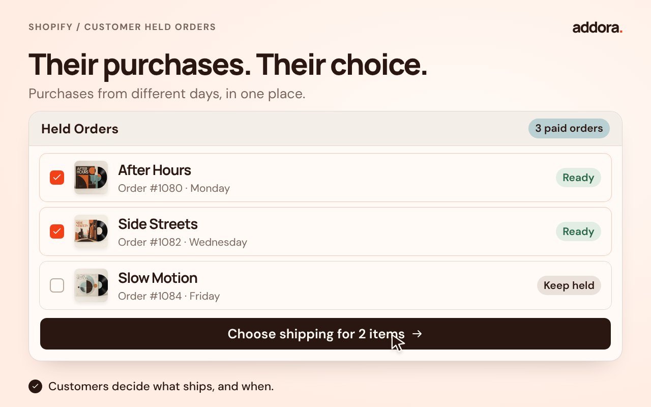 A customer selects two ready purchases from Held Orders and continues to checkout to pay for shipping.