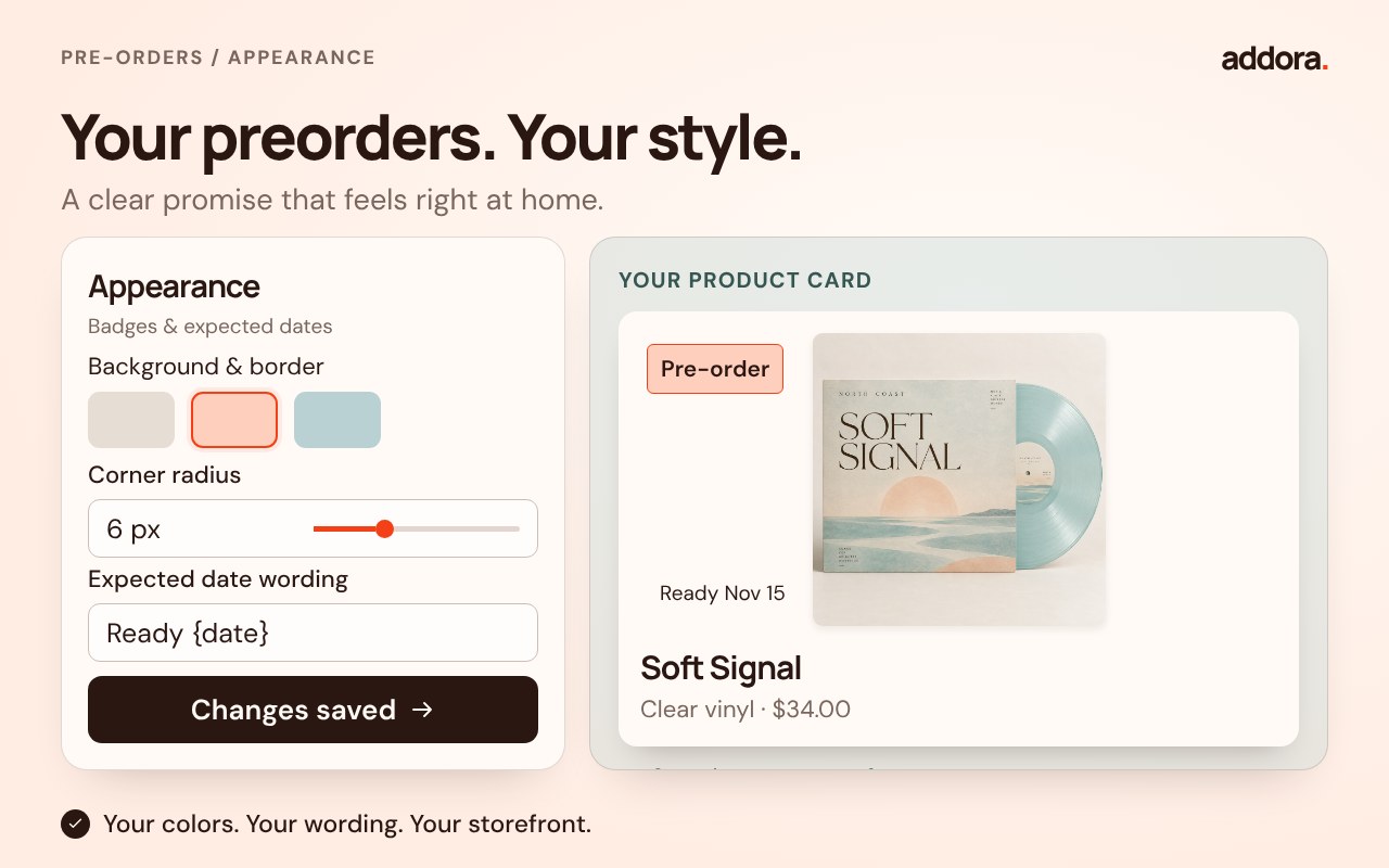 Addora's appearance settings change the preorder badge color, corner radius and expected-date wording on a product card.